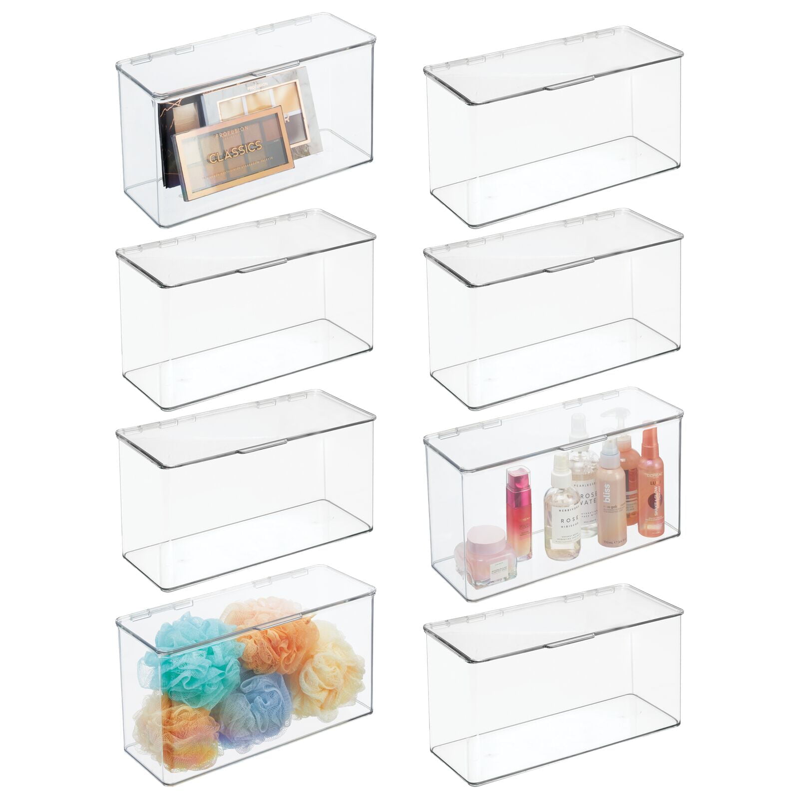 mDesign Plastic Bathroom Storage Organizer Box with Hinged Lid - 8 Pack - Clear