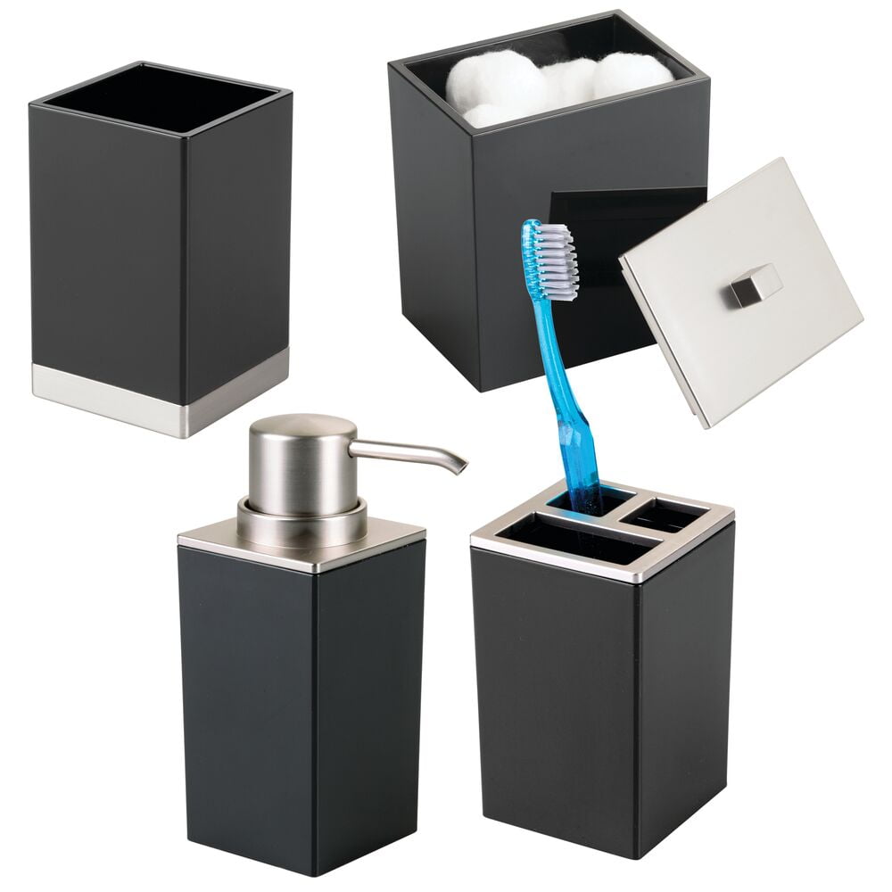 mDesign Plastic Bathroom Vanity Organizers, Set of 4, Black/Brushed Chrome