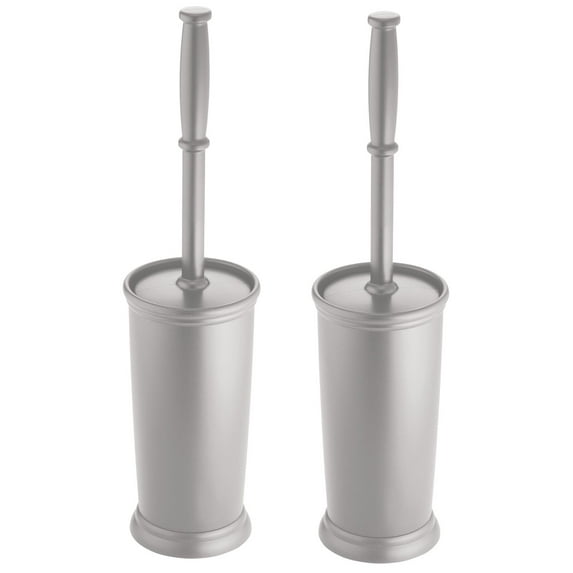 mDesign Plastic Compact Bathroom Toilet Bowl Brush and Holder - 2 Pack - Silver