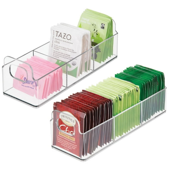 mDesign Plastic Condiment Organizer/Tea Bag Holder - 9" Long, 2 Pack, Clear