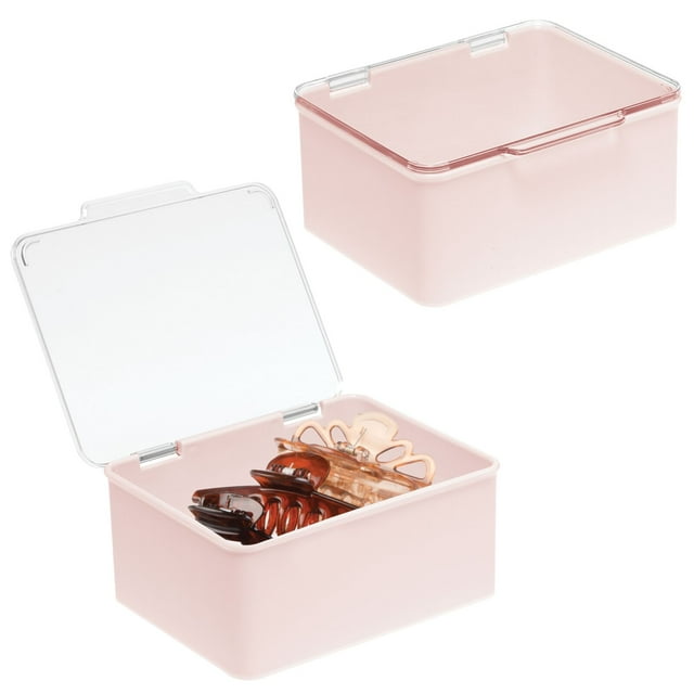 mDesign Plastic Cosmetic Storage Organizer Box, Lid, 2 Pack, Light Pink/Clear