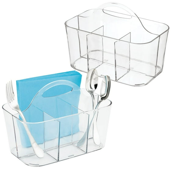 mDesign Plastic Cutlery Storage Organizer Caddy Bin Tote, Handle, 2 Pack - Clear