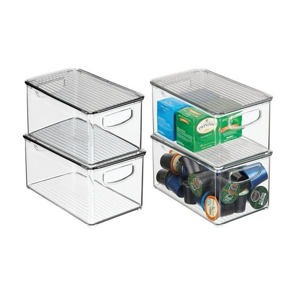 mDesign Plastic Deep Kitchen Storage Bin Box, Lid/Handles, 4 Pack, Clear/Gray