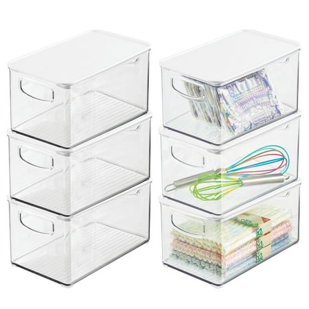 mDesign Plastic Deep Kitchen Storage Bin Box, Lid/Handles, 6 Pack, Clear/White