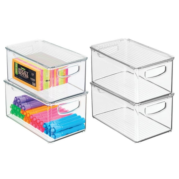 mDesign Plastic Deep Kitchen Storage Bin Box, Lid and Handles, 4 Pack, Clear