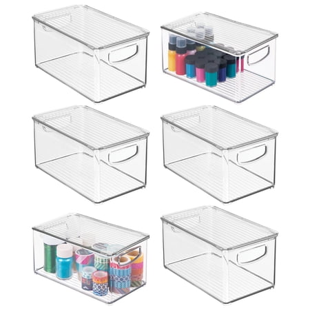 mDesign Plastic Deep Storage Organizer Bin Box with Lid/Handles, 6 Pack, Clear