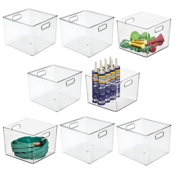 mDesign Plastic Garage Storage Organizer Bin, Built-In Handles, 8 Pack, Clear