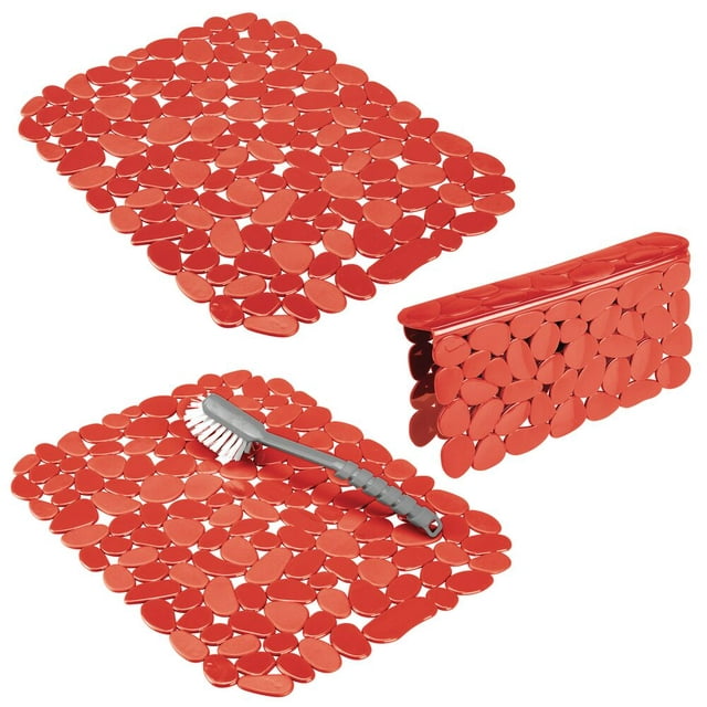mDesign Plastic Kitchen Sink Protector Set - Pebble Design - Set of 3 - Red