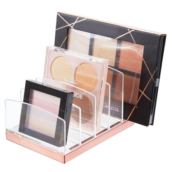 mDesign Plastic Makeup Organizer for Bathroom, 5 Sections - Clear/Rose Gold