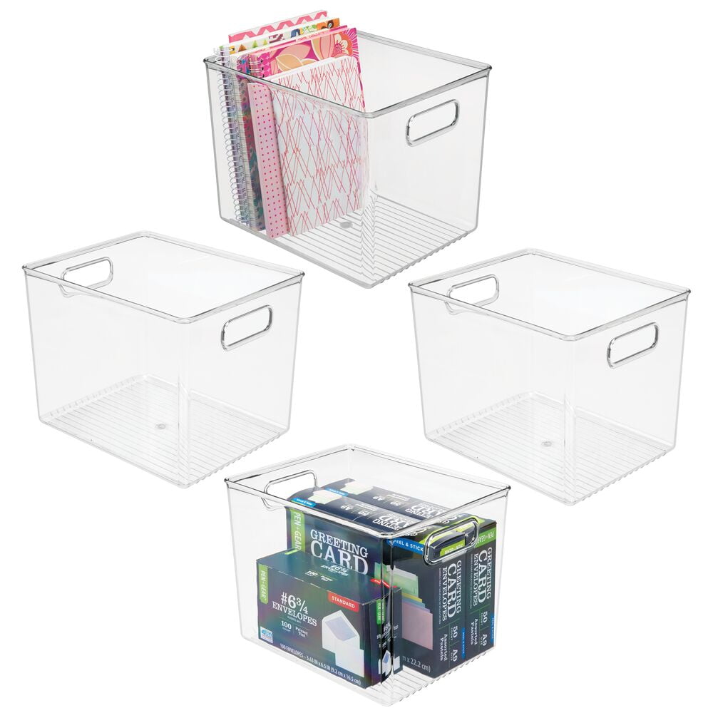 mDesign Plastic Storage Bin Box Container with Lid - Built-In Handles -  Organization for Pens, Pencils, or Work Supplies in Home Office, Cabinet,  or