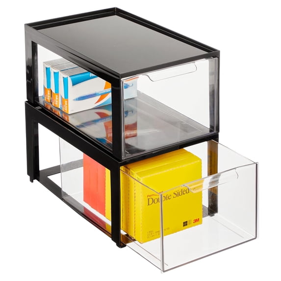 mDesign Plastic Office Storage Stack Organizer with Drawer, 2 Pack, Black/Clear