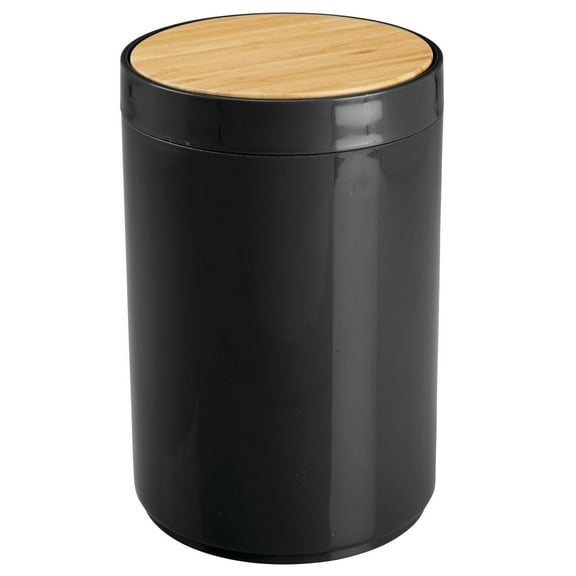 mDesign Plastic Round Trash Can Small with Swing-Close Lid - Black/Natural