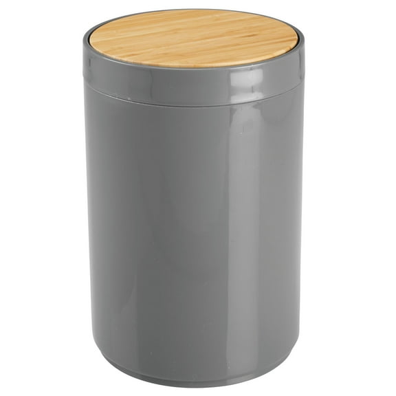 mDesign Plastic Round Trash Can Small with Swing-Close Lid - Dark Gray/Natural