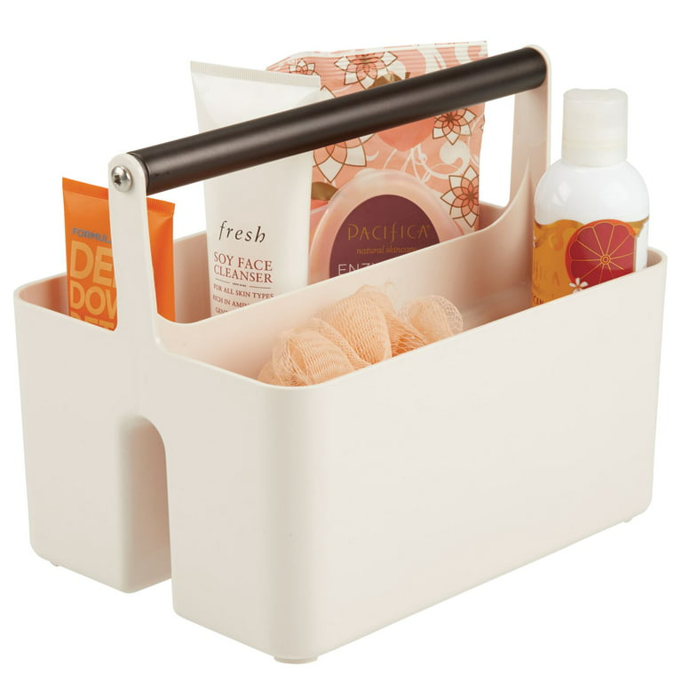 mDesign Divided Makeup Organizer Caddy with Natural Oak Handle, Clear/Natural