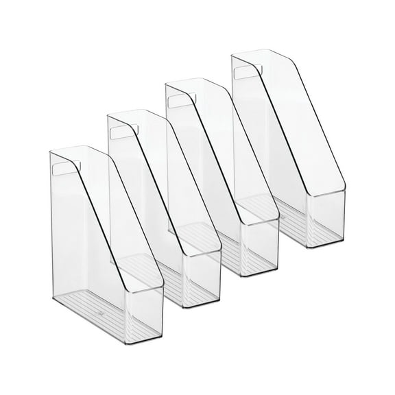 mDesign Plastic Slim Vertical File Folder Storage Organizer Bin with Handle, Hold Notebooks, Binders, Envelopes, Magazines for Home Office, Work Desktops, Ligne Collection, 4 Pack, Clear Clear Pack of