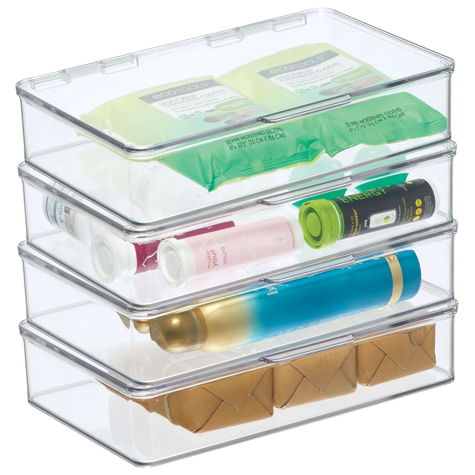 mDesign Plastic Stackable Bathroom Organizer Bin, Hinged Lid - 4 Pack - Clear - Walmart.com
