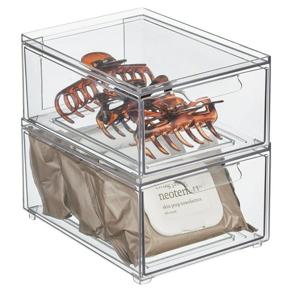 mDesign Plastic Stackable Bathroom Storage Organizer with Drawer, 2 Pack, Clear