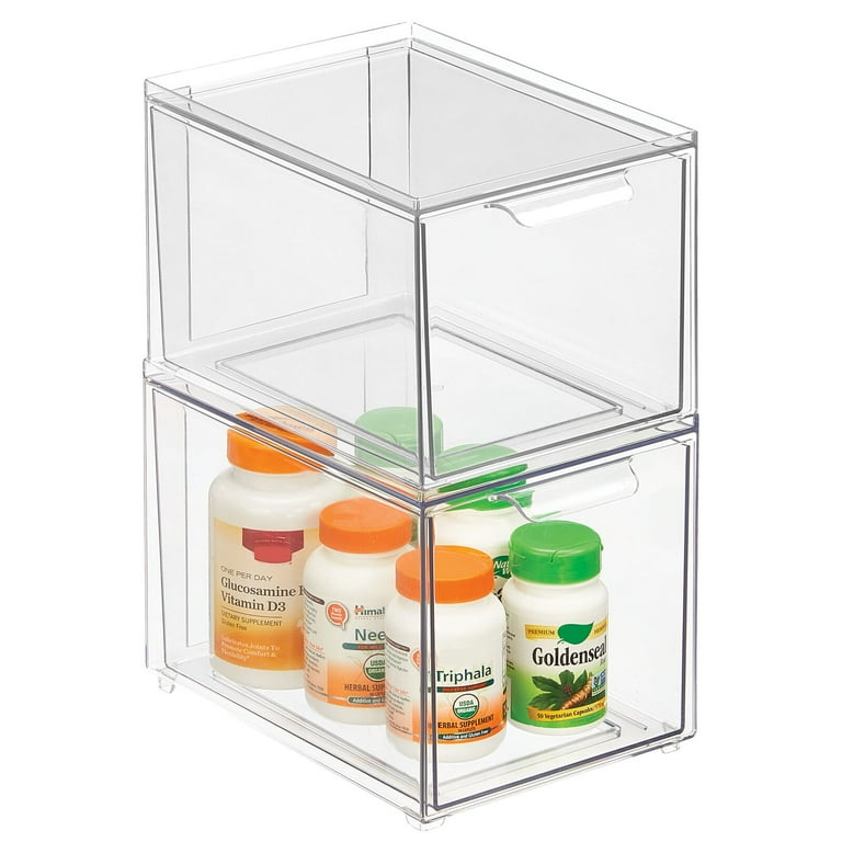 2ct mDesign Plastic Stackable Bathroom Storage Organizer with Drawer, 2 Pack, Clear