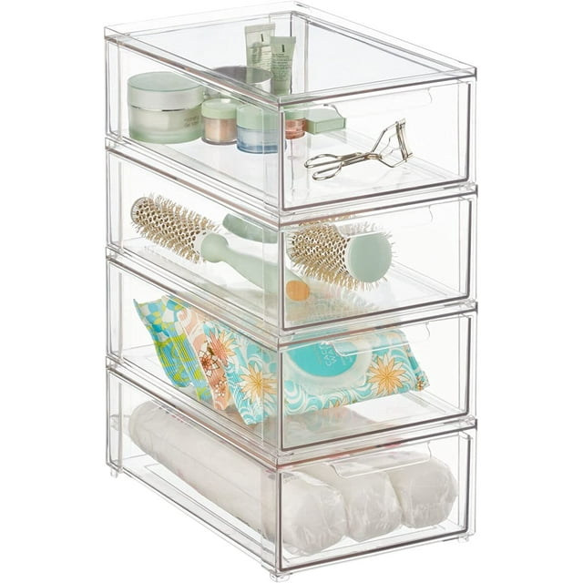 mDesign Plastic Stackable Bathroom Storage Organizer with Drawer, 4 ...