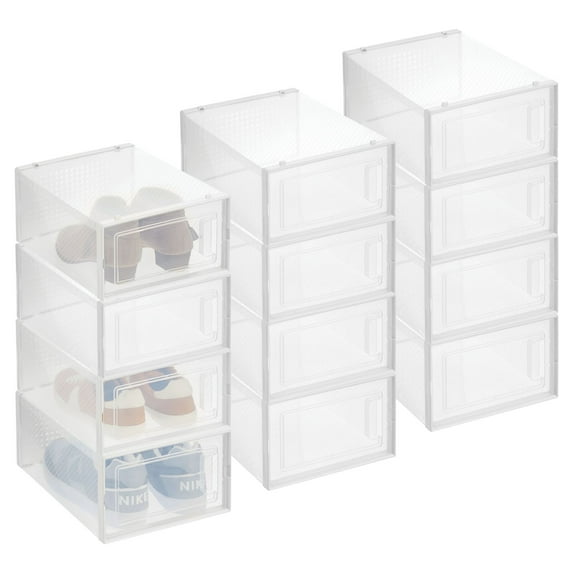 mDesign Plastic Stackable Closet Shoe Storage Box, Side Opening, 12 Pack, Clear