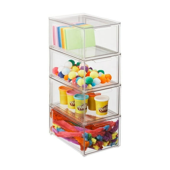 mDesign Plastic Stackable Crafting Drawer Organizer Bins, Handle, 4 Pack - Clear