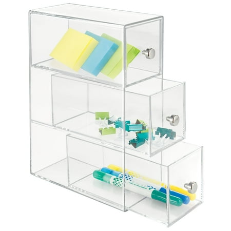 mDesign Plastic Stackable Desktop Storage Tower for Office, 3 Drawers, Clear