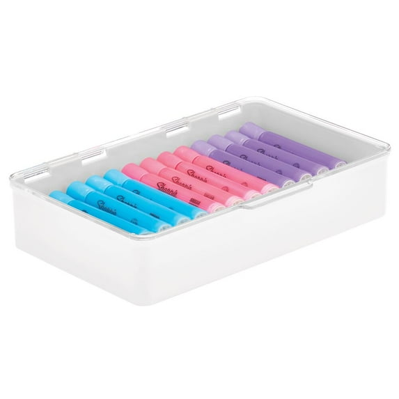 mDesign Plastic Stackable Organizer Container Bin Box, Hinged Lid - White/Clear