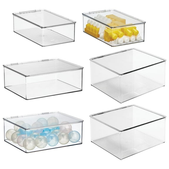 mDesign Plastic Stackable Playroom/Game Box with Hinged Lid, Set of 6, Clear