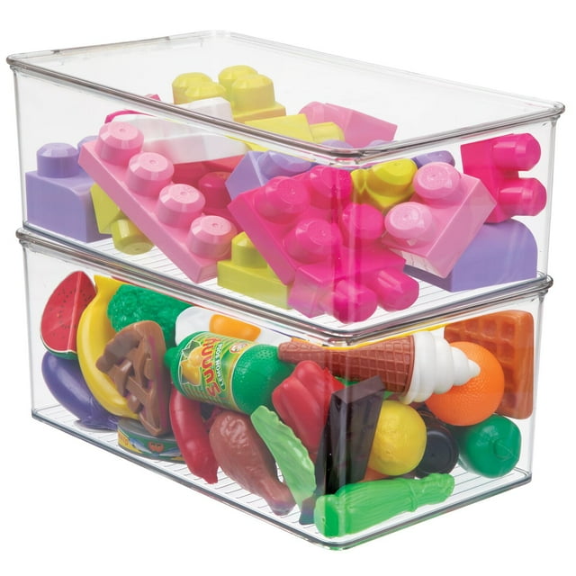 mDesign Plastic Stackable Toy Storage Bin Box with Hinge Lid, 2 Pack - Clear