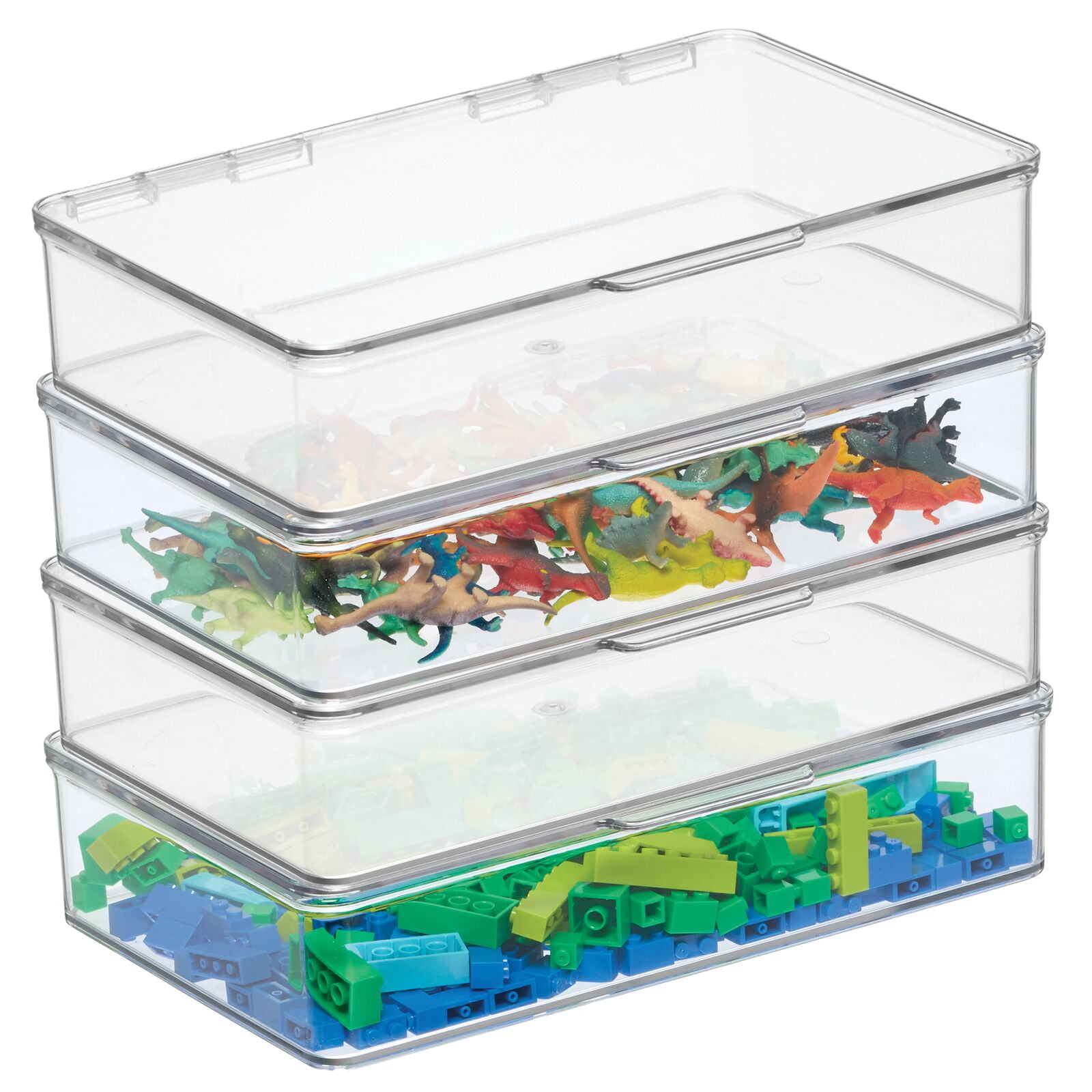 4ct mDesign Plastic Bath Stacking Storage Organizer Box, Hinged Lid, 4 Pack, Clear