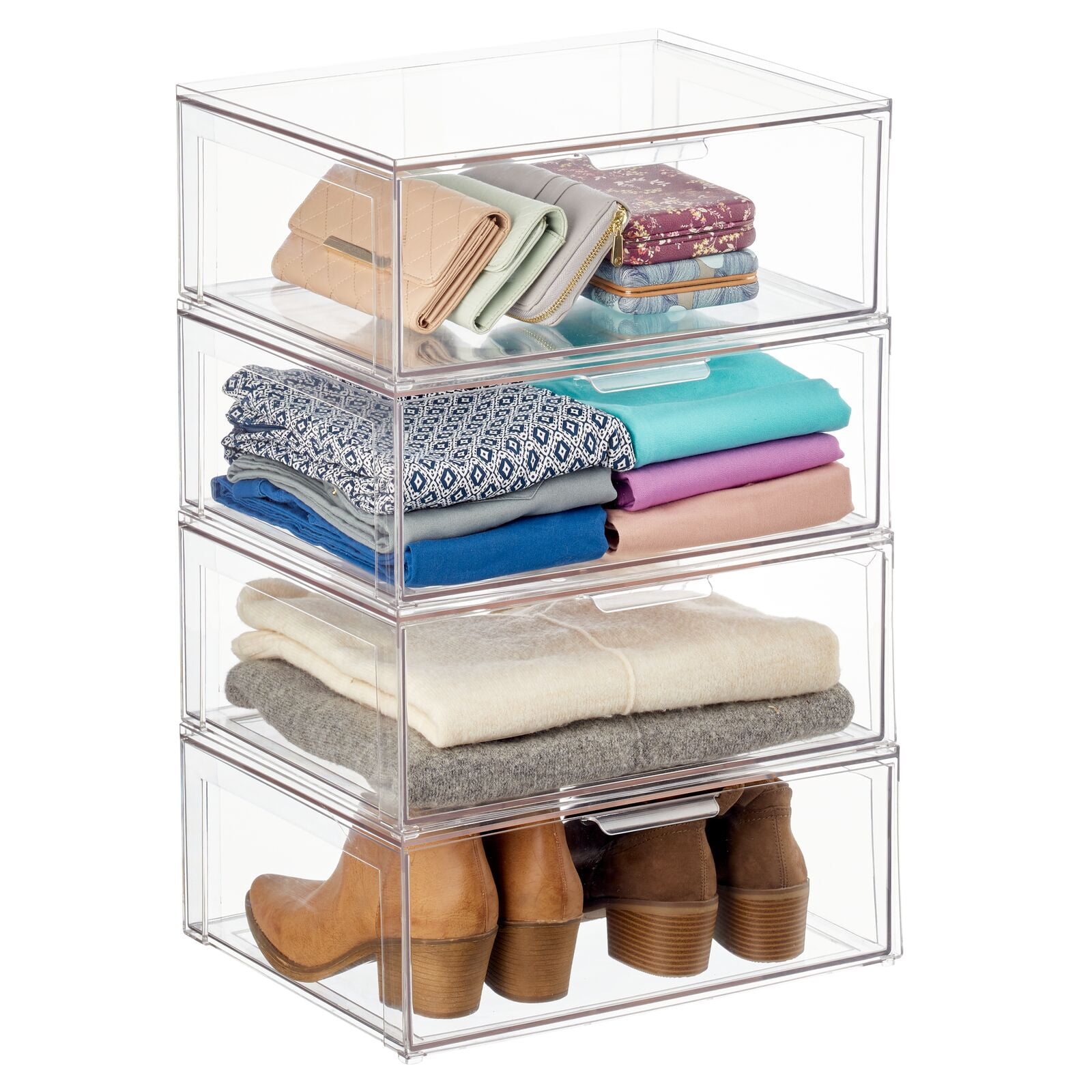 mDesign Clarity Plastic Stackable Closet Storage Organizer with Drawer,  Clear - 8 x 6 x 6, 4 Pack