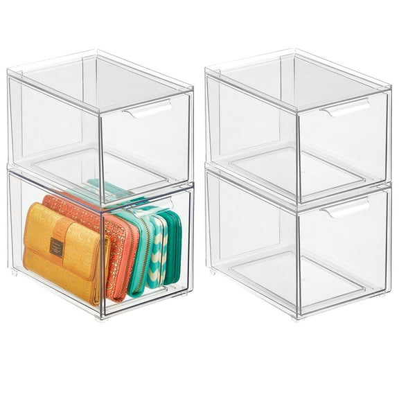 mDesign Plastic Stacking Closet Storage Organizer Bin with Drawer, 4 Pack, Clear