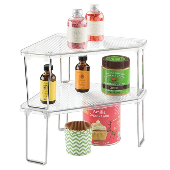 mDesign Plastic/Steel Corner Kitchen Organizer Shelf - 2 Pack - Clear