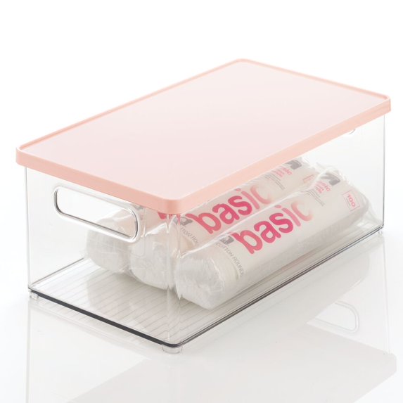 mDesign Plastic Storage Bin Box Container - Lid, Built-In Handles, Clear/Pink