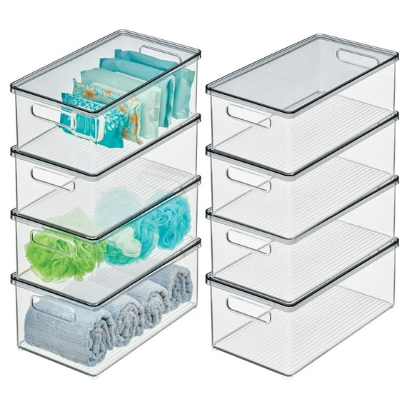 mDesign Plastic Storage Bin Box Container, Lid and Handles, 8 Pack, Clear/Gray