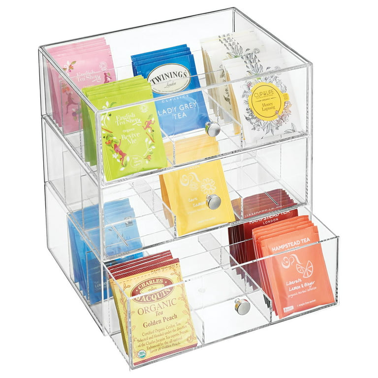 Tea Bags Storage Container Stackable Divided Acrylic Tea Holder Organizer  Storage Bin for Drawer Kitchen Seasoning Pantry Cabinet Small