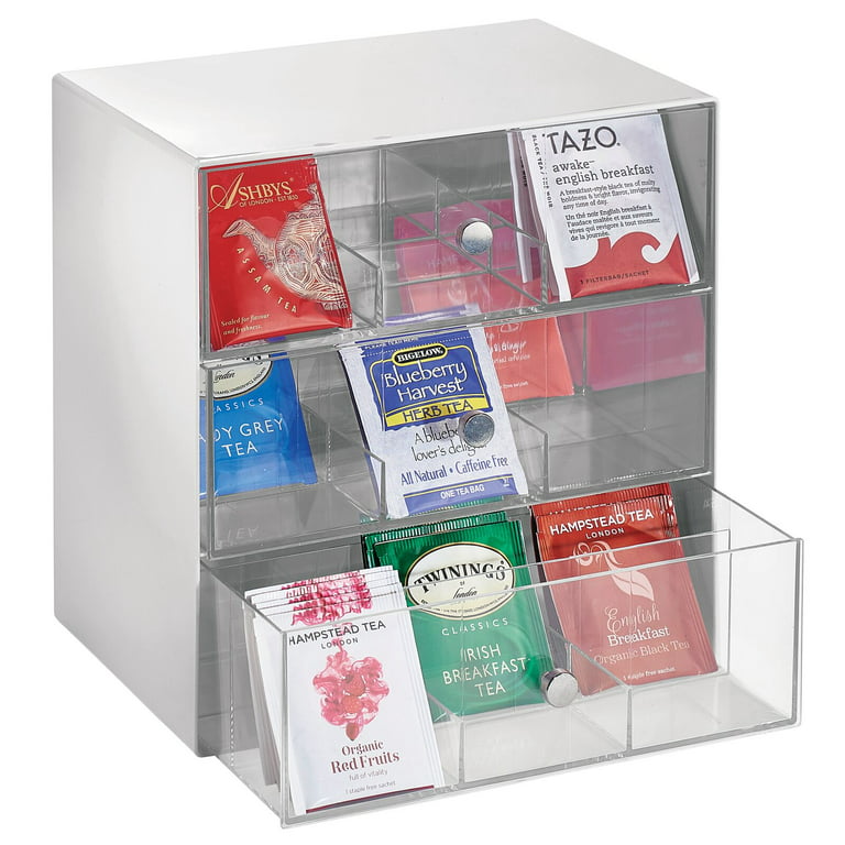 mDesign Plastic Tea Bag Divided Storage Box, Hinge Lid, 2 Pack Light  Pink/Clear