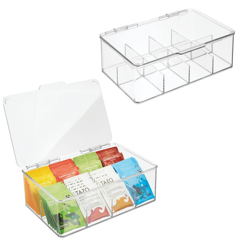 mDesign Plastic Tea Bag Divided Storage Organizer Box, Hinge Lid, 2 Pack,  Clear 