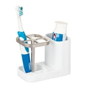 mDesign Plastic Toothbrush Storage Organizer Holder with Cup - White/Matte Satin