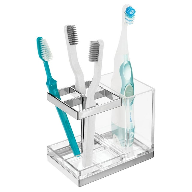mDesign Plastic Toothbrush, Toothpaste Storage Organizer Holder -Clear/Chrome