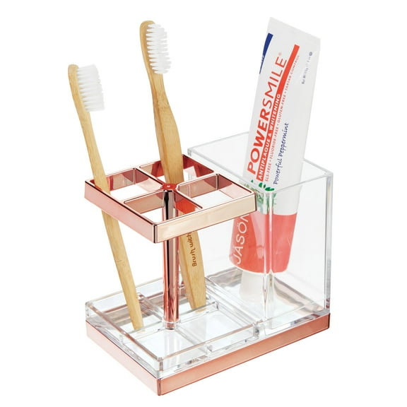 mDesign Plastic Toothbrush, Toothpaste Storage Organizer Holder -Clear/Rose Gold