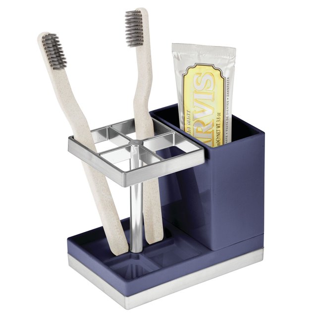 mDesign Plastic Toothbrush/Toothpaste Storage Organizer Holder, Navy Blue/Chrome