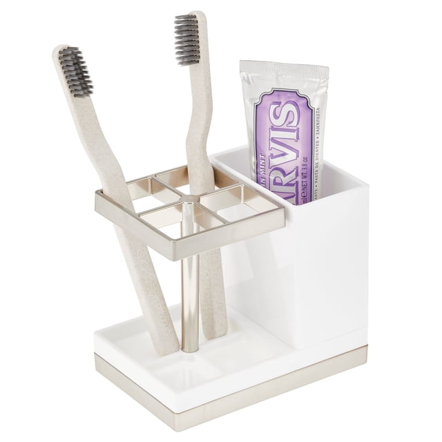 mDesign Plastic Toothbrush, Toothpaste Storage Organizer Holder - White/Brushed