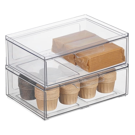 mDesign Plastic Wide Stackable Kitchen Storage Organizer, 2 Pack, Drawer, Clear