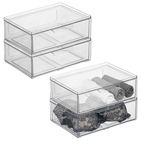 mDesign Plastic Wide Stacking Closet Storage Organizer, Drawer, 4 Pack, Clear