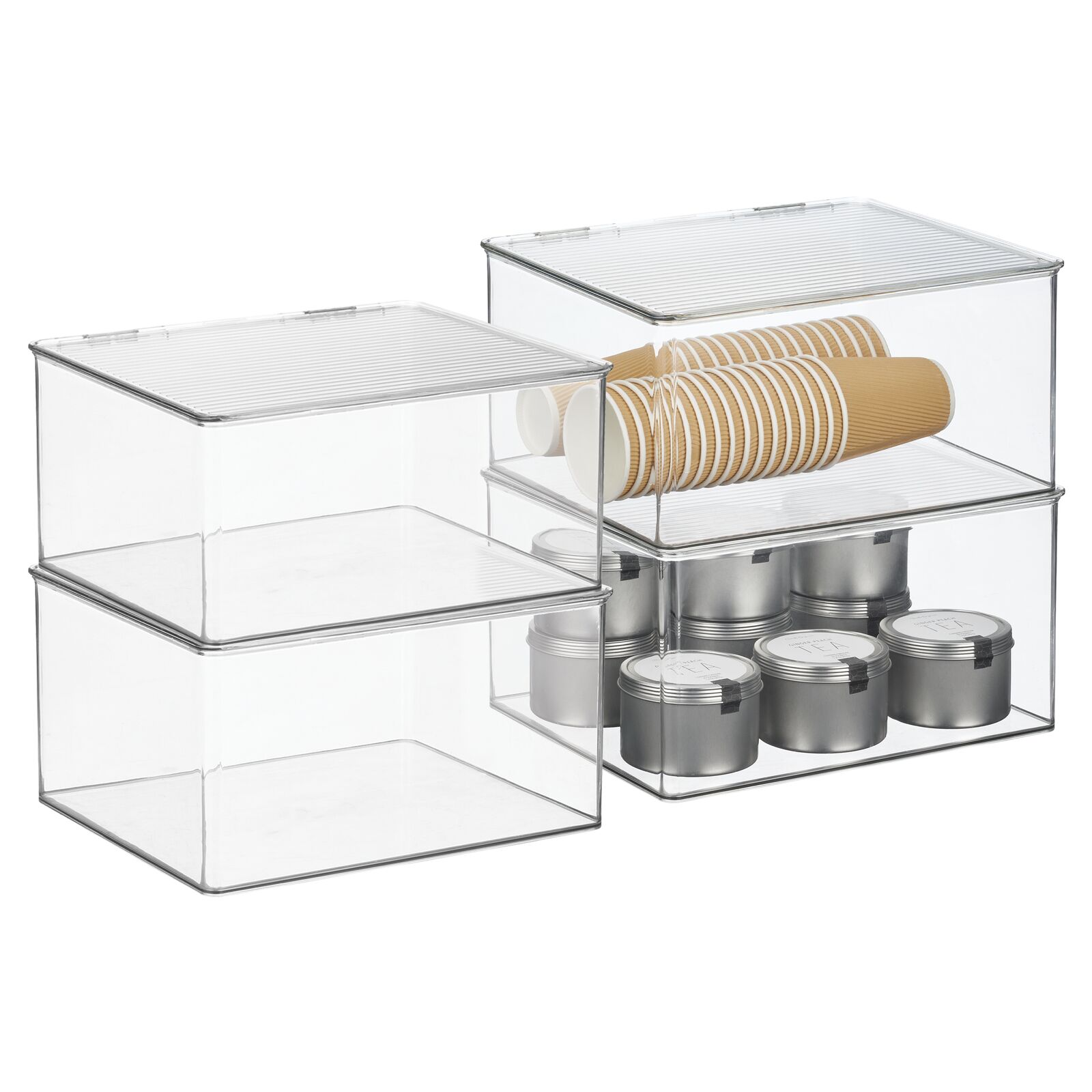 mDesign Plastic Wide Stacking Kitchen Food Storage Box, Hinge Lid, 4