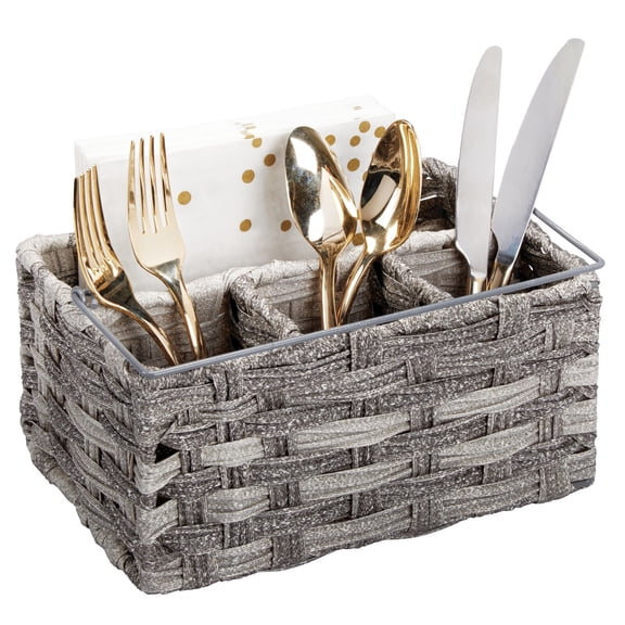 mDesign Plastic Woven Divided Cutlery Storage Organizer Caddy Tote - Gray