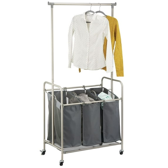mDesign Portable Laundry Sorter with Wheels/Steel Hanging Bar - Satin/Dark Gray
