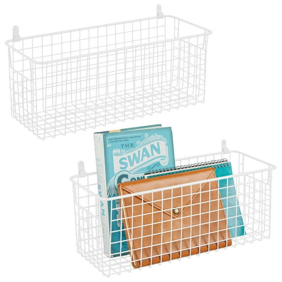 mDesign Portable Metal Wall Mount Hanging Storage Baskets, 2 Pack, Matte White