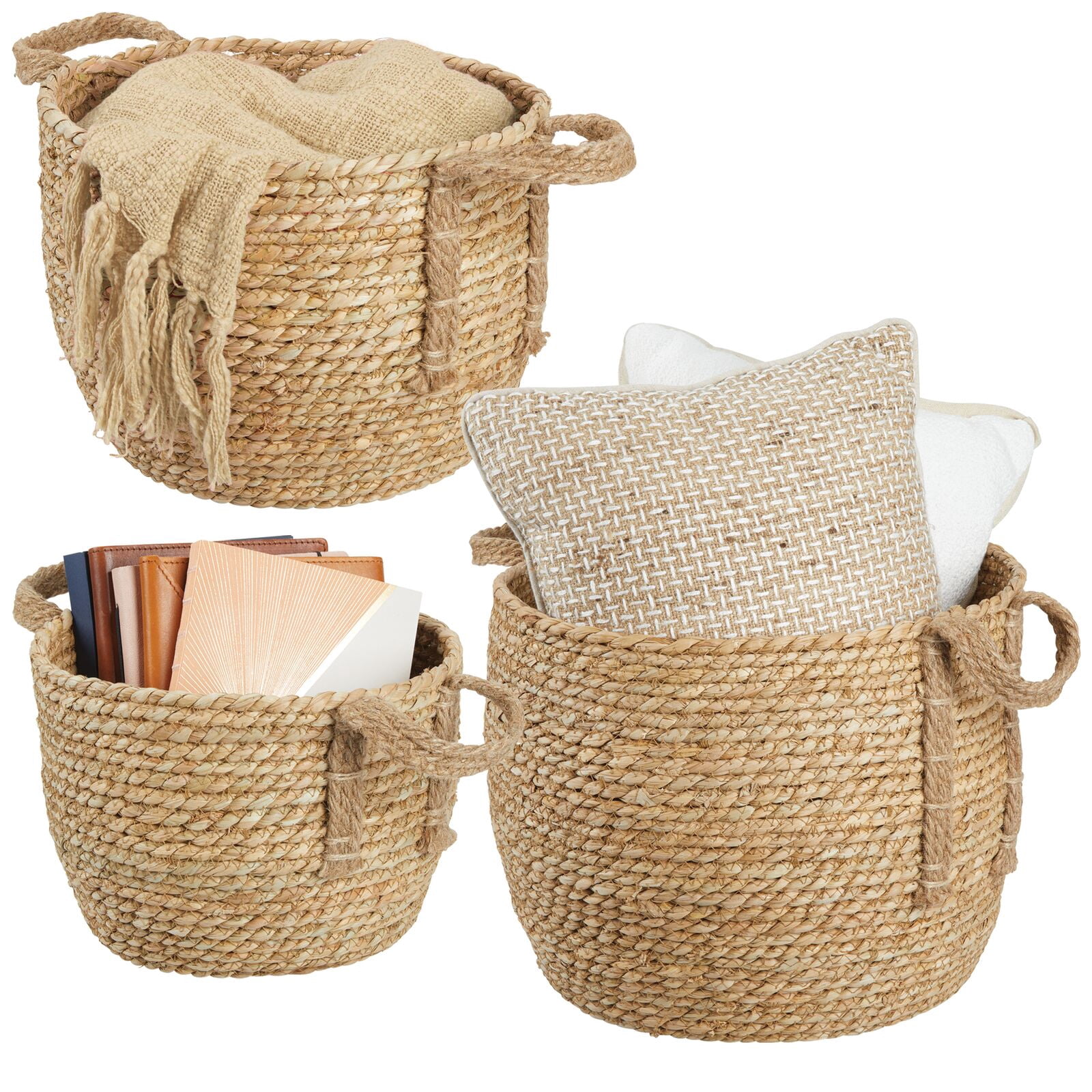 mDesign Round Seagrass Woven Storage Basket with Handles - Set of 3 ...